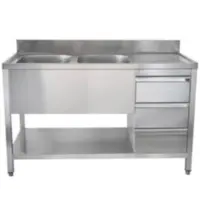Luxus Spoeltafel | RVS | 2 Spoelbakken (Links) + Laden | Bodemschap | Diepte 600 | Hoogte 850 | Breedte 1400-2000 | Achteropstand | Voorgemonteerd