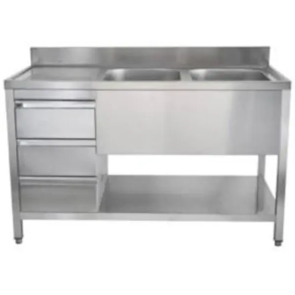 Spoeltafel | RVS | 2 Spoelbakken (Rechts) + Laden | Bodemschap | Diepte 600 | Hoogte 850 | Breedte 1400-2000 | Achteropstand | Voorgemonteerd