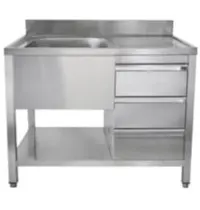 Luxus Spoeltafel | RVS | 1 Spoelbak (Links) + Laden | Bodemschap | Diepte 700 | Hoogte 850 | Breedte 1000-1600 | Achteropstand | Voorgemonteerd