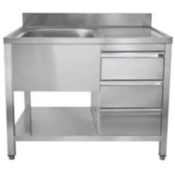 Spoeltafel | RVS | 1 Spoelbak (Links) + Laden | Bodemschap | Diepte 700 | Hoogte 850 | Breedte 1000-1600 | Achteropstand | Voorgemonteerd
