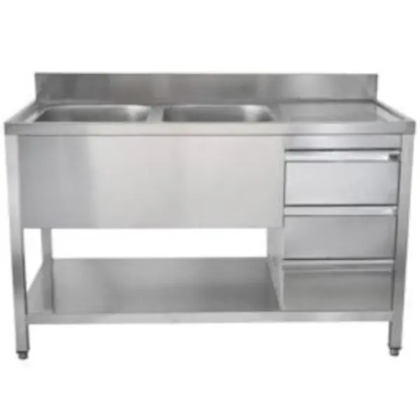 Spoeltafel | RVS | 2 Spoelbakken (Links) + Laden | Bodemschap | Diepte 700 | Hoogte 850 | Breedte 1400-2000 | Achteropstand | Voorgemonteerd