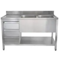 Luxus Spoeltafel | RVS | 2 Spoelbakken (Rechts) + Laden | Bodemschap | Diepte 700 | Hoogte 850 | Breedte 1400-2000 | Achteropstand | Voorgemonteerd