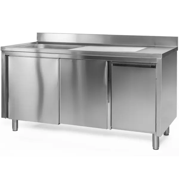 Spoeltafel | RVS | 1 Spoelbak (Links) + Afdruipvlak | Draaideuren + Afvallade | Achteropstand | Voorgemonteerd | 1000x600x850