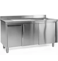 Luxus Spoeltafel | RVS | 1 Spoelbak (Rechts) + Afdruipvlak | Schuifdeuren + Afvallade | Diepte 600 | Hoogte 850 | Breedte 1200-1600 | Achteropstand | Voorgemonteerd