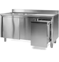 Luxus Spoeltafel | RVS | 2 Spoelbakken (Links) + Afdruipvlak | Schuifdeuren + Afvallade | Diepte 600 | Hoogte 850 | Breedte 1400-2000 | Achteropstand | Voorgemonteerd