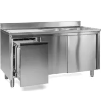 Luxus Spoeltafel | RVS | 2 Spoelbakken (Rechts) + Afdruipvlak | Schuifdeuren + Afvallade | Diepte 600 | Hoogte 850 | Breedte 1400-2000 | Achteropstand | Voorgemonteerd