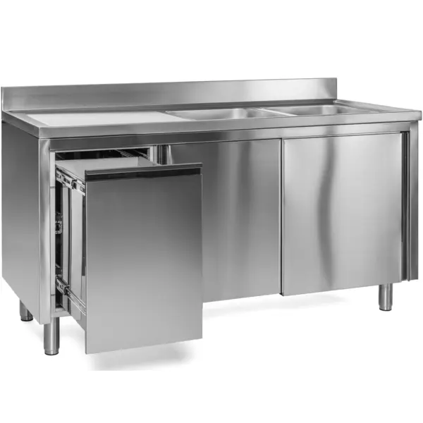Spoeltafel | RVS | 2 Spoelbakken (Rechts) + Afdruipvlak | Schuifdeuren + Afvallade | Diepte 600 | Hoogte 850 | Breedte 1400-2000 | Achteropstand | Voorgemonteerd