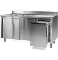 Luxus Spoeltafel | RVS | 2 Spoelbakken (Links) + Afdruipvlak | Schuifdeuren + Afvallade | Diepte 700 | Hoogte 850 | Breedte 1400-2000 | Achteropstand | Voorgemonteerd