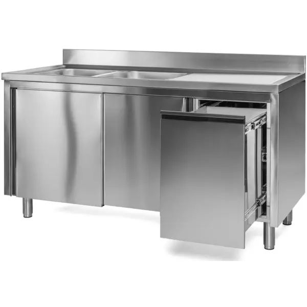 Spoeltafel | RVS | 2 Spoelbakken (Links) + Afdruipvlak | Schuifdeuren + Afvallade | Diepte 700 | Hoogte 850 | Breedte 1400-2000 | Achteropstand | Voorgemonteerd