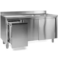 Luxus Spoeltafel | RVS | 2 Spoelbakken (Rechts) + Afdruipvlak | Schuifdeuren + Afvallade | Diepte 700 | Hoogte 850 | Breedte 1400-2000 | Achteropstand | Voorgemonteerd