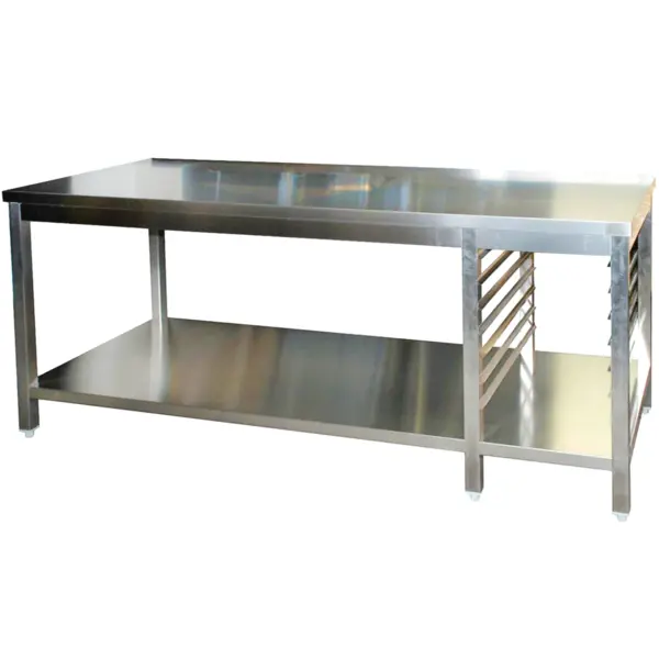 Werktafel | RVS | 1/1 GN Geleiders (Rechts) | Bodemschap | Diepte 600 | Hoogte 850/885 | Breedte 1200-2900 | Achteropstand | Gelaste Constructie