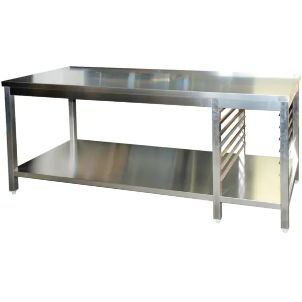 Werktafel | RVS | 1/1 GN Geleiders (Rechts) | Bodemschap | Diepte 700 | Hoogte 850/885 | Breedte 1200-2900 | Gelaste Constructie