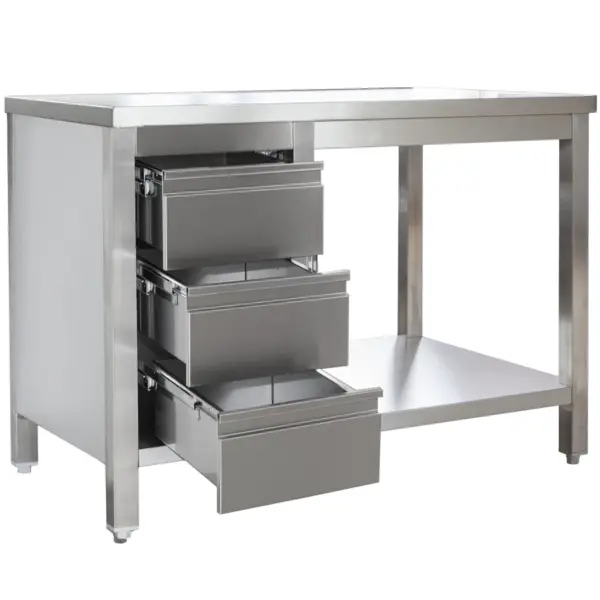 Werktafel | RVS | Laden (Links) | Bodemschap | Diepte 600 | Hoogte 850/885 | Breedte 800-2900 | Gelaste Constructie