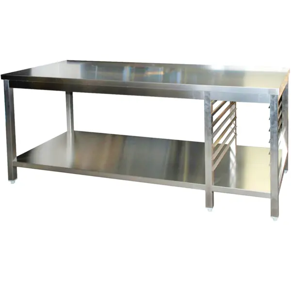 Werktafel | RVS | 1/1 GN Geleiders (Rechts) | Bodemschap | Diepte 800 | Hoogte 850/885 | Breedte 1200-2900 | Achteropstand | Gelaste Constructie