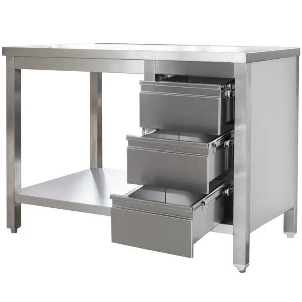 Werktafel | RVS | Laden (Rechts) | Bodemschap | Diepte 600 | Hoogte 850/885 | Breedte 800-2900 | Gelaste Constructie