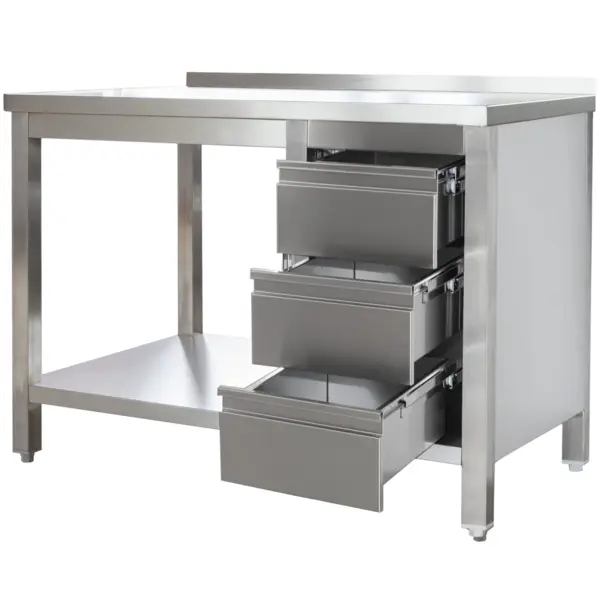 Werktafel | RVS | Laden (Rechts) | Bodemschap | Diepte 600 | Hoogte 850/885 | Breedte 800-2900 | Achteropstand | Gelaste Constructie