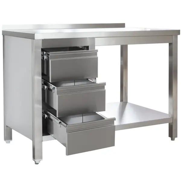 Werktafel | RVS | Laden (Links) | Bodemschap | Diepte 700 | Hoogte 850/885 | Breedte 800-2900 | Achteropstand | Gelaste Constructie