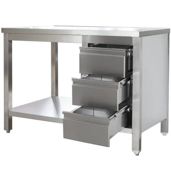 Werktafel | RVS | Laden (Rechts) | Bodemschap | Diepte 700 | Hoogte 850/885 | Breedte 800-2900 | Gelaste Constructie