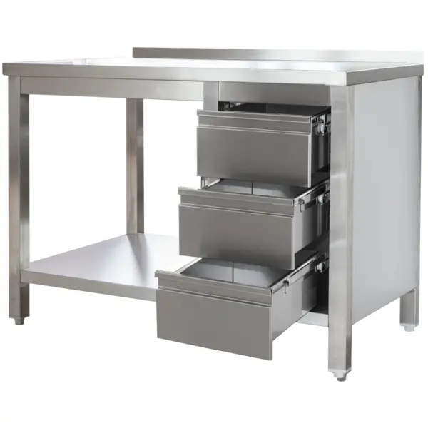 Werktafel | RVS | Laden (Rechts) | Bodemschap | Diepte 700 | Hoogte 850/885 | Breedte 800-2900 | Achteropstand | Gelaste Constructie