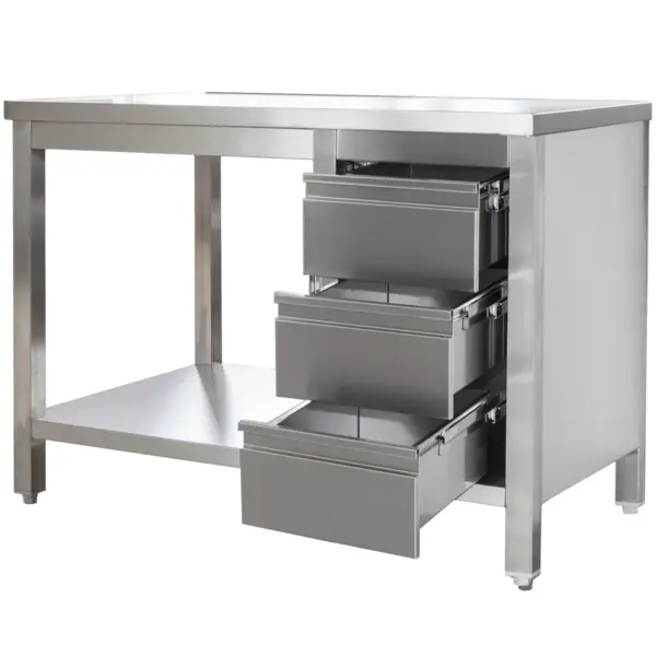 Werktafel | RVS | Laden (Rechts) | Bodemschap | Diepte 800 | Hoogte 850/885 | Breedte 800-2900 | Gelaste Constructie