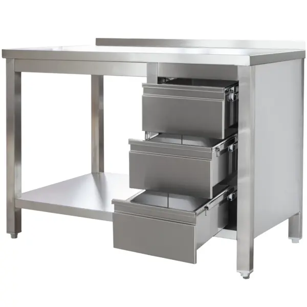 Werktafel | RVS | Laden (Rechts) | Bodemschap | Diepte 800 | Hoogte 850/885 | Breedte 800-2900 | Achteropstand | Gelaste Constructie