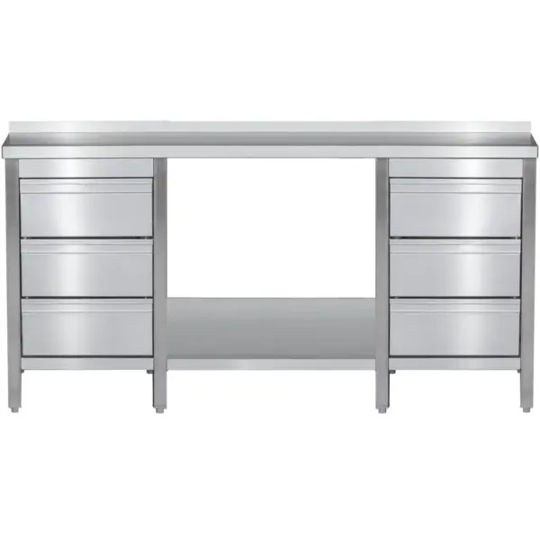 Werktafel | RVS | Laden (Links/Rechts) | Bodemschap | Diepte 700 | Hoogte 850/885 | Breedte 1200-2900 | Achteropstand | Gelaste Constructie