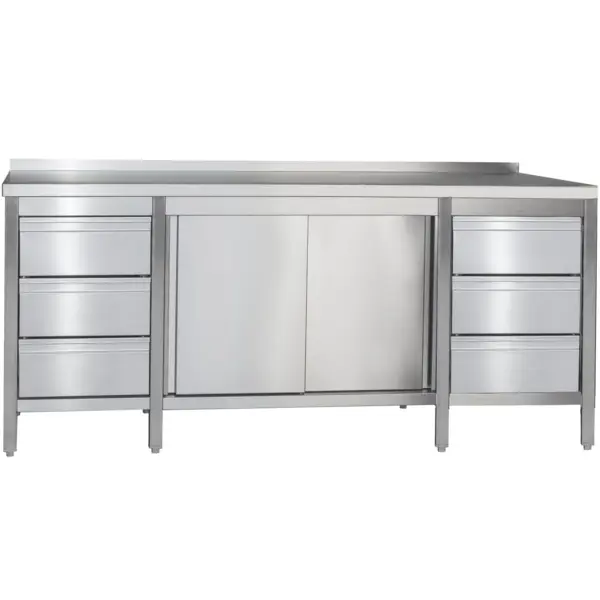 Werkbank | RVS | Schuifdeuren + Laden (Links/Rechts) | Diepte 600 | Hoogte 850 | Breedte 1800-2900 | Achteropstand