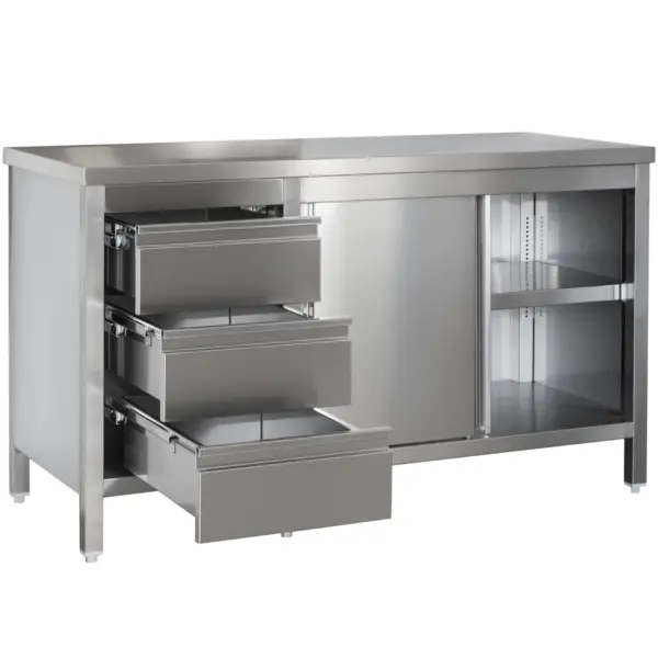 Werkbank | RVS | Draaideuren + Laden (Links) | Diepte 600 | Hoogte 850/885 | Breedte 900-1300