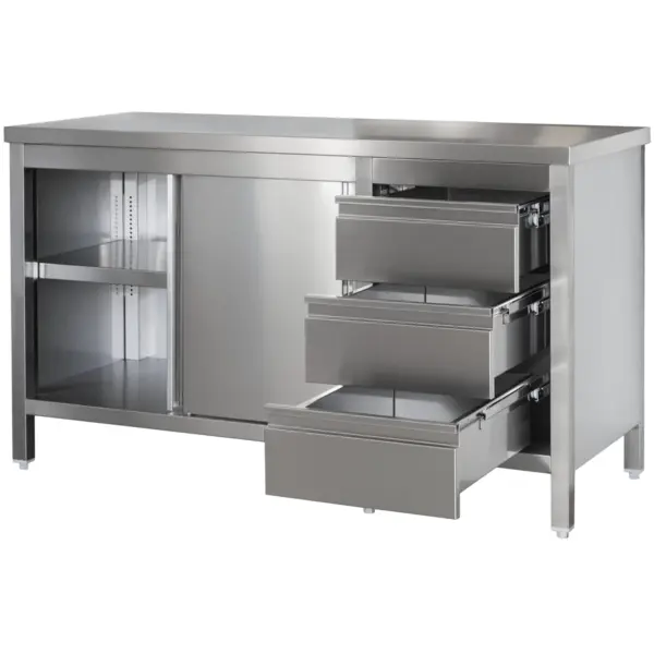 Werkbank | RVS | Schuifdeuren + Laden (Rechts) | Diepte 600 | Hoogte 850/885 | Breedte 1400-2900