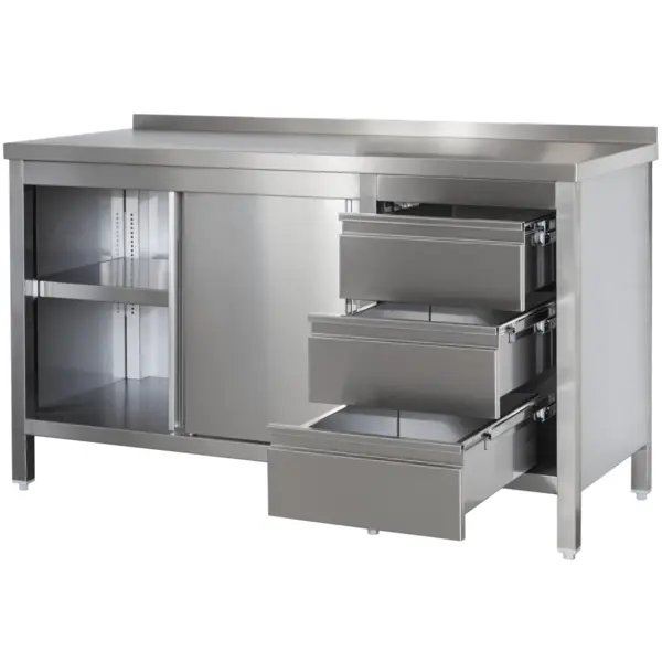 Werkbank | RVS | Schuifdeuren + Laden (Rechts) | Diepte 600 | Hoogte 850/885 | Breedte 1400-2900 | Achteropstand
