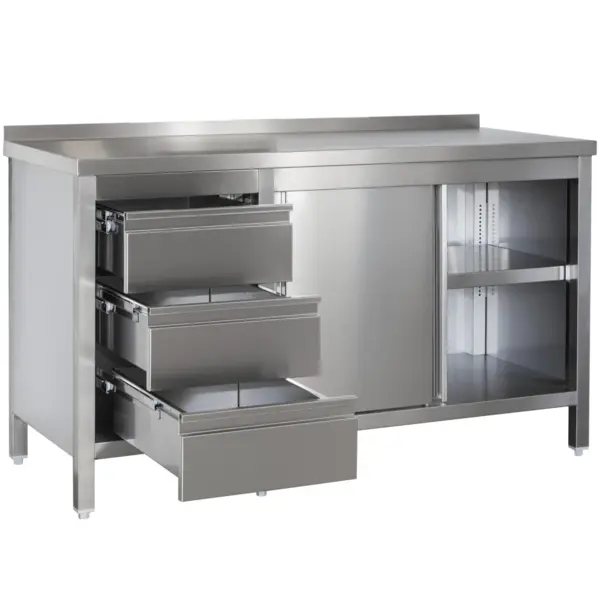Werkbank | RVS | Schuifdeuren + Laden (Links) | Diepte 700 | Hoogte 850/885 | Breedte 1400-2900 | Achteropstand