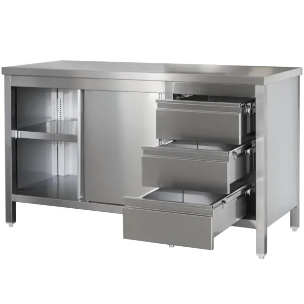 Werkbank | RVS | Draaideuren + Laden (Rechts) | Diepte 700 | Hoogte 850/885 | Breedte 900-1300