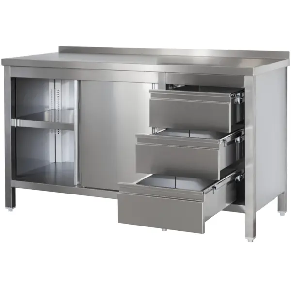 Werkbank | RVS | Draaideuren + Laden (Rechts) | Diepte 700 | Hoogte 850/885 | Breedte 900-1300 | Achteropstand