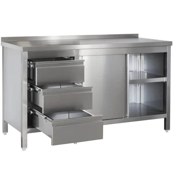 Werkbank | RVS | Draaideuren + Laden (Links) | Diepte 800 | Hoogte 850/885 | Breedte 900-1300 | Achteropstand