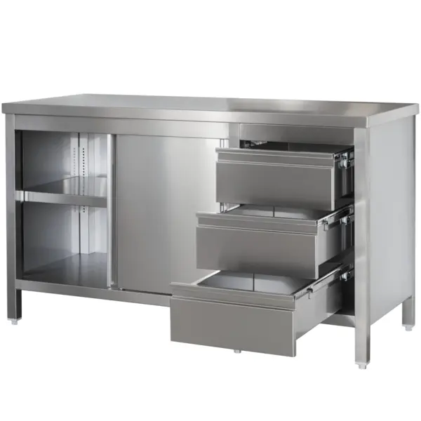 Werkbank | RVS | Schuifdeuren + Laden (Rechts) | Diepte 800 | Hoogte 850/885 | Breedte 1400-2900
