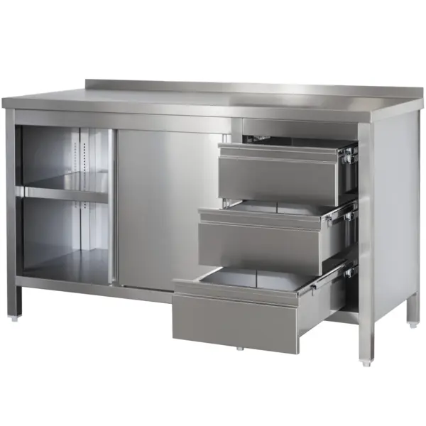 Werkbank | RVS | Draaideuren + Laden (Rechts) | Diepte 800 | Hoogte 850/885 | Breedte 900-1300 | Achteropstand