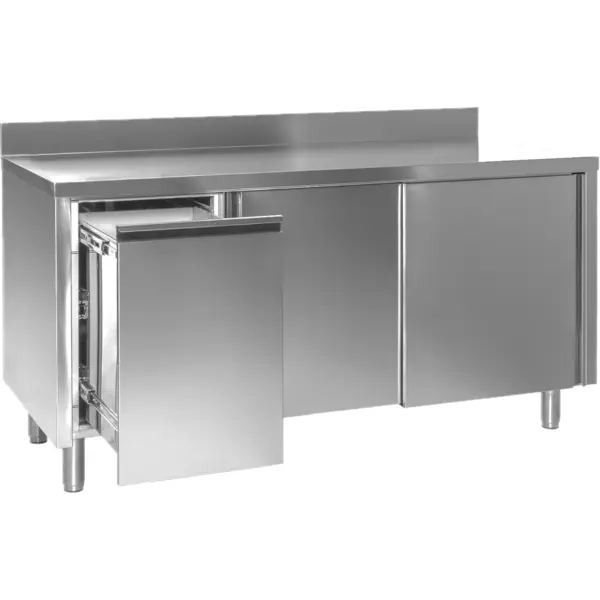 Werkbank | RVS | Schuifdeuren + Afvallade (Links) | Diepte 600 | Hoogte 850/1000 | Breedte 1200-2000 | Achteropstand