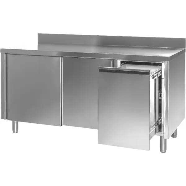 Werkbank | RVS | Draaideuren + Afvallade (Rechts) | Achteropstand | 1000x700x850/1000(h)mm