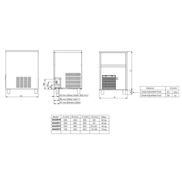 IJsblokjesmachine | Maat M | 66kg/24h | Voorraad 40kg | 738x600x822(h)mm