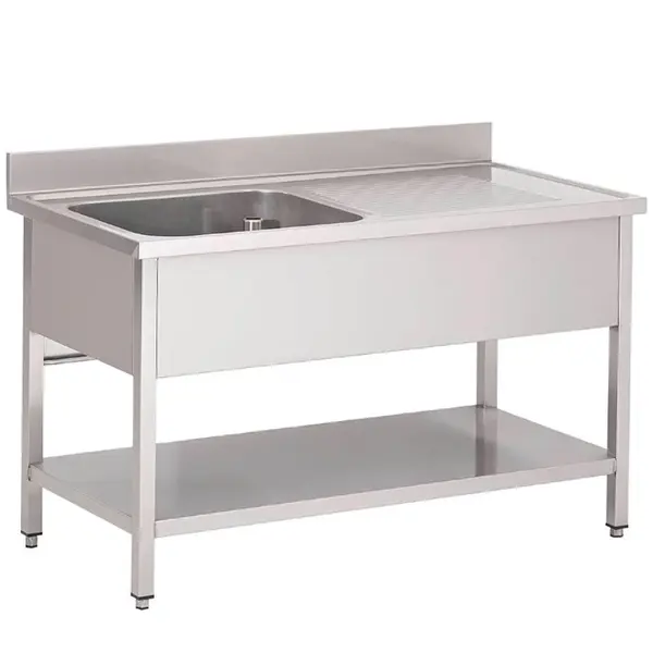 Spoeltafel | RVS | 1 Spoelbak (Links) + Afdruipvlak | Bodemschap | Achteropstand | 1600x700x850/920(h)mm