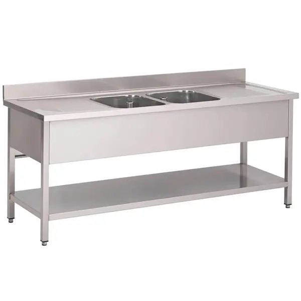 Spoeltafel | RVS | 2 Spoelbakken (Midden) + Afdruipvlak | Bodemschap | Achteropstand | 2000x700x850/920(h)mm
