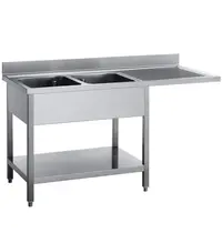 Gastro M Spoeltafel | RVS | 2 Spoelbakken (Links) + Afdruipvlak | Bodemschap + Voorlader | Achteropstand | 1600x700x850/920(h)mm