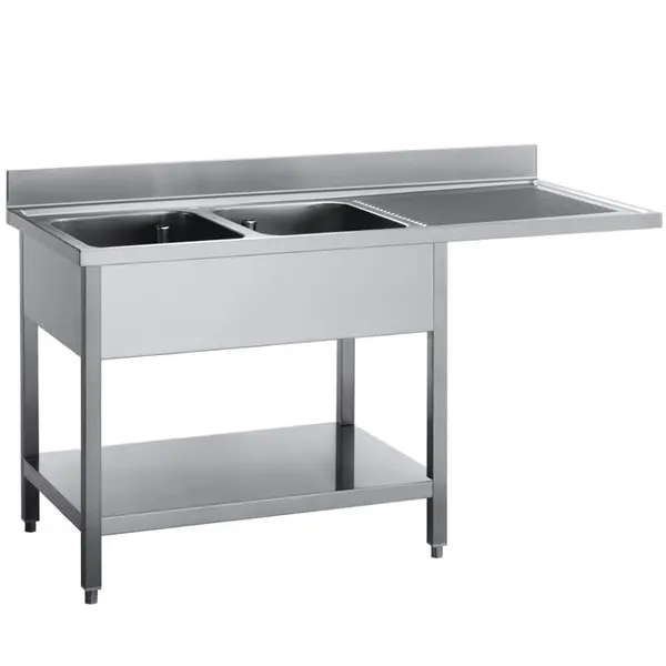 Spoeltafel | RVS | 2 Spoelbakken (Links) + Afdruipvlak | Bodemschap + Voorlader | Achteropstand | 1600x700x850/920(h)mm