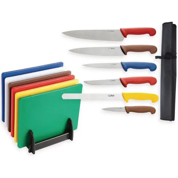 Snijplanken-/Messenset | LDPE | Meerdere Kleuren | HACCP | 12 Stuks | Incl. Snijplankenrek & Foudraal
