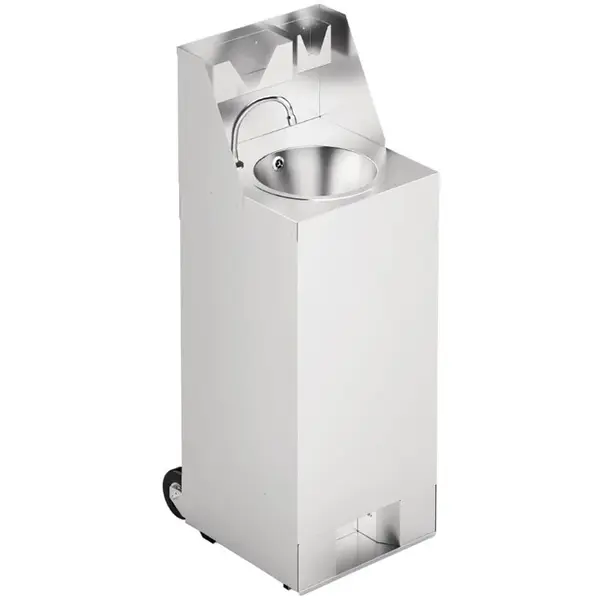Mobiele Handwastafel | RVS | Schoon-/Vuilwaterreservoirs (2x 10L) | Voetbediening | Incl. Afvalvak + Zeep-/Papierdispensers | Wielen | 540x450x1250(h)mm