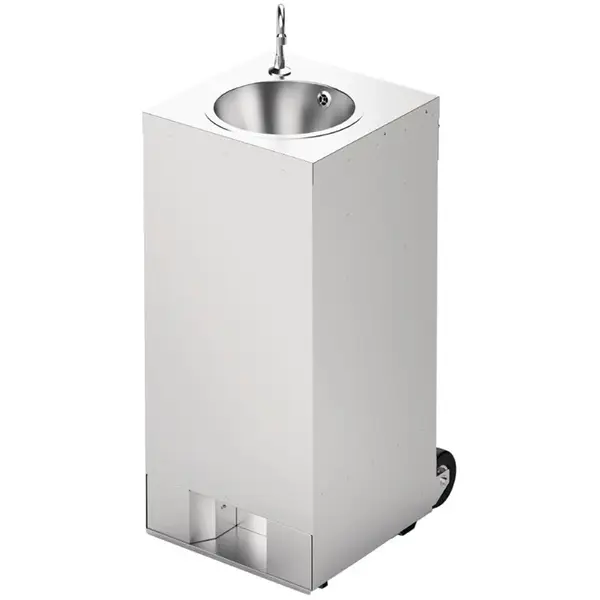 Mobiele Handwastafel | RVS | Schoon-/Vuilwaterreservoirs (2x 10L) | Voetbediening | Incl. Afvalvak + Zeep-/Papierdispensers | Wielen | 540x450x1250(h)mm