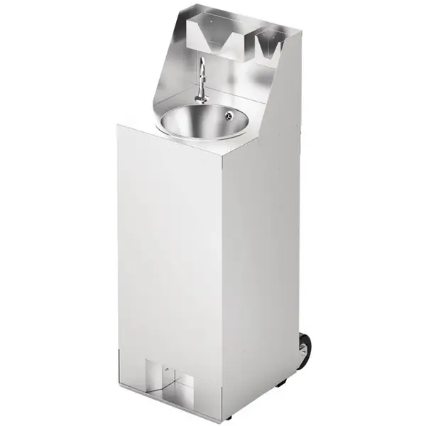 Mobiele Handwastafel | RVS | Schoon-/Vuilwaterreservoirs (2x 10L) | Voetbediening | Incl. Afvalvak + Zeep-/Papierdispensers | Wielen | 540x450x1250(h)mm