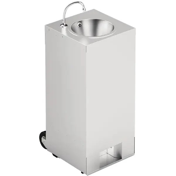 Mobiele Handwastafel | RVS | Schoon-/Vuilwaterreservoirs (2x 10L) | Voetbediening | Incl. Afvalvak + Zeep-/Papierdispensers | Wielen | 540x450x1250(h)mm