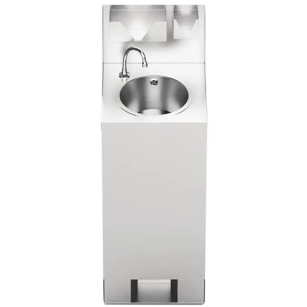 Mobiele Handwastafel | RVS | Schoon-/Vuilwaterreservoirs (2x 10L) | Voetbediening | Incl. Afvalvak + Zeep-/Papierdispensers | Wielen | 540x450x1250(h)mm
