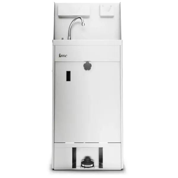 Mobiele Handwastafel | RVS | Schoon-/Vuilwaterreservoirs (2x 20L) | Voetbediening | Incl. Afvalvak + Zeep-/Papierdispensers | Wielen | 543x515x1220(h)mm
